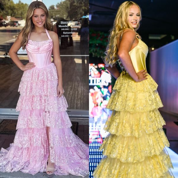 Ruffled Formal Evening Party Dress 2k26 Halter Lace Pageant Showstopper Junior Senior Prom Special Occasion Hoco Gala Cocktail Red Carpet Gown Photoshoot Corset