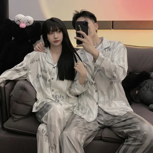 Fashion n Pajamas Suit Women Men Ice Silk Long Sleeves Home Colth Couples Satin Thin Sleepwear Set Cool Summer Male Female 260427