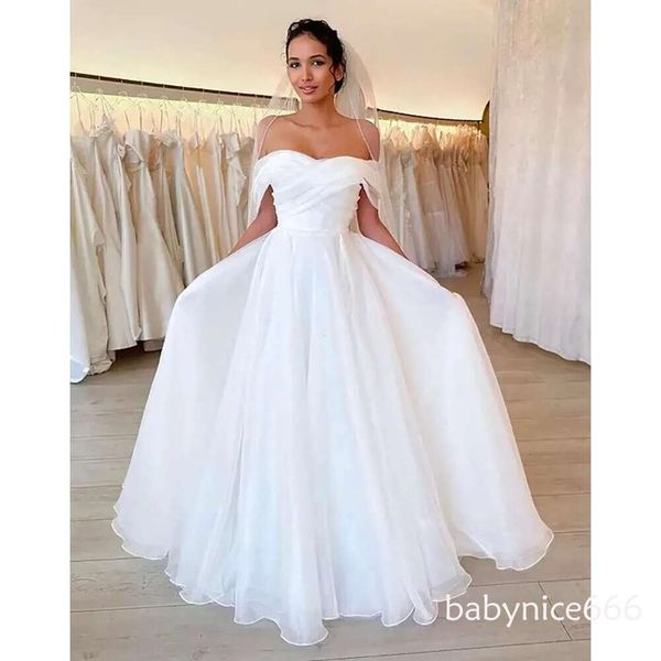Elegant A Line Dresses White Ivory Bridal Gowns Organza New Zipper Plus Size Custom Lace Up Floor-Length Sleeveless Off-Shoulder Pleats Wedding Robes