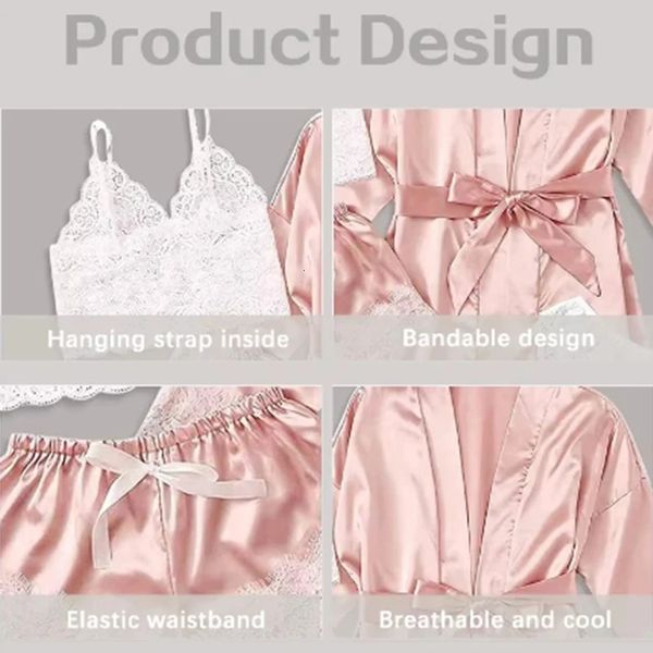 Pants Womens Summer Sexy Pajama Set 4 Pieces Lace Satin With Silk Sleepwear Robe Fashion And Comfortable Nightwear 260427 J260630