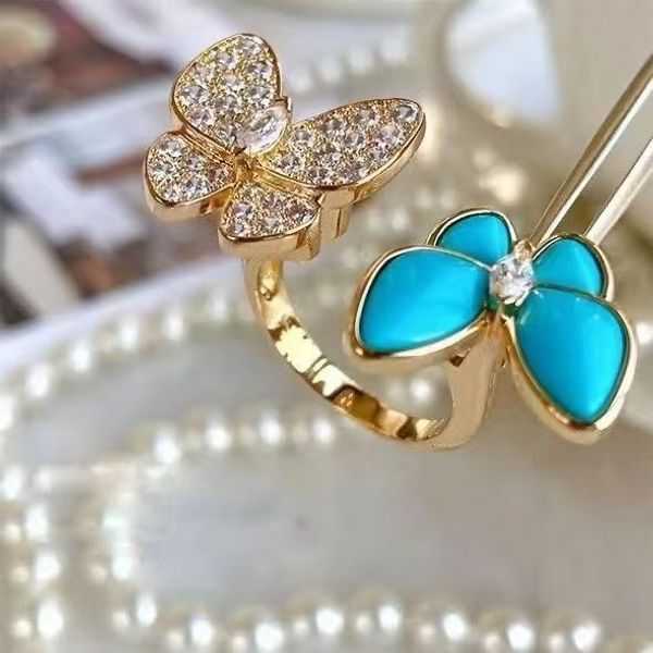 Designer Jewelry van cleafs ring Butterfly ring white mother-of-pearl double diamond-studded butterfly ring blue turquoise
