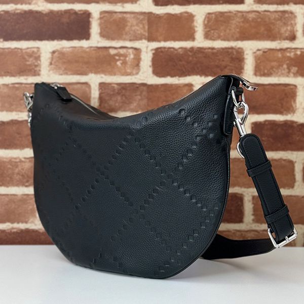 Black Embossed Leather Hobo Shoulder Bag Designer Style Crescent Crossbody Bag with Green Red Web Strap Unisex