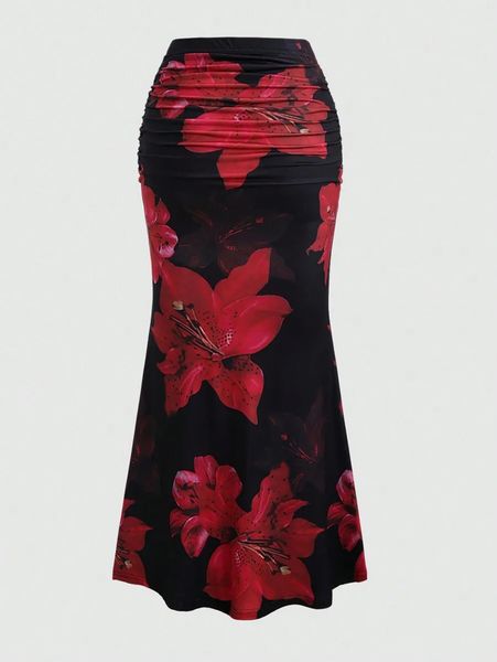 Women's Pleated A-Line Skirt Vintage Flower Printed Ruched Bodycon Skirts Summer Leisure Vacation Long Skirt