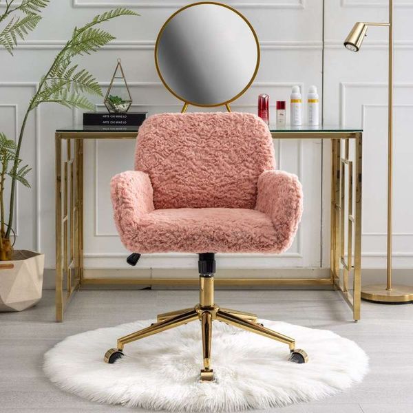 A&A Furniture Chair,Artificial rabbit hair Home with Golden Metal Base,Adjustable Desk Chair Swivel Office Chair,Vanity Chair(Pink)