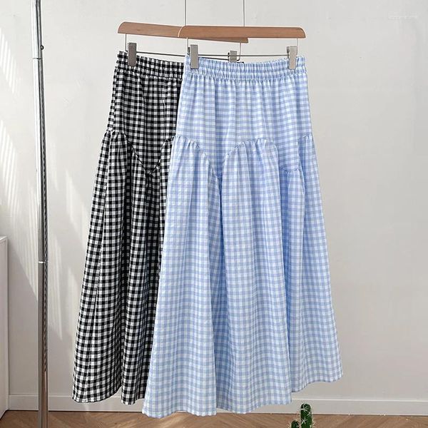 Skirts Plaid Patchwork Women's Skirt High Waist A-Line Long Breathable Cotton Feel Midi Casual Versatile Commute