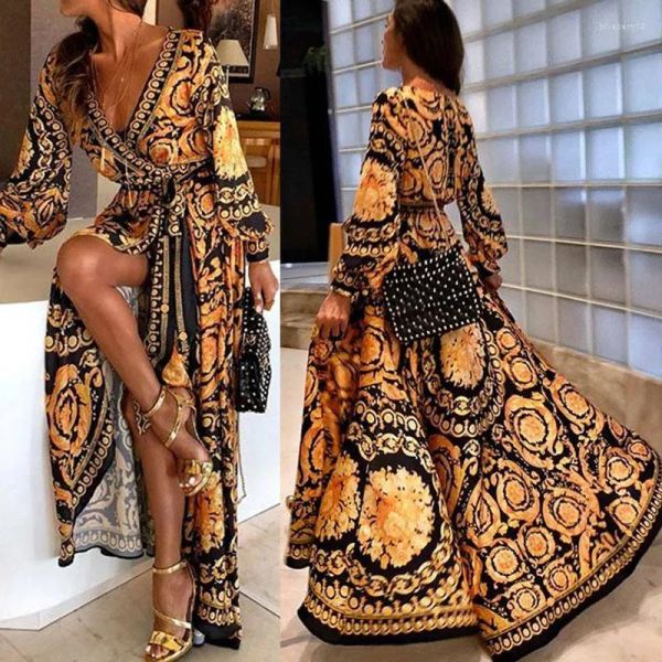 2026Casual Dresses Women's Boho V-Neck Vintage Printed Dress Large Swing Split Sundress Long Maxi For Summer Code size s-5xl