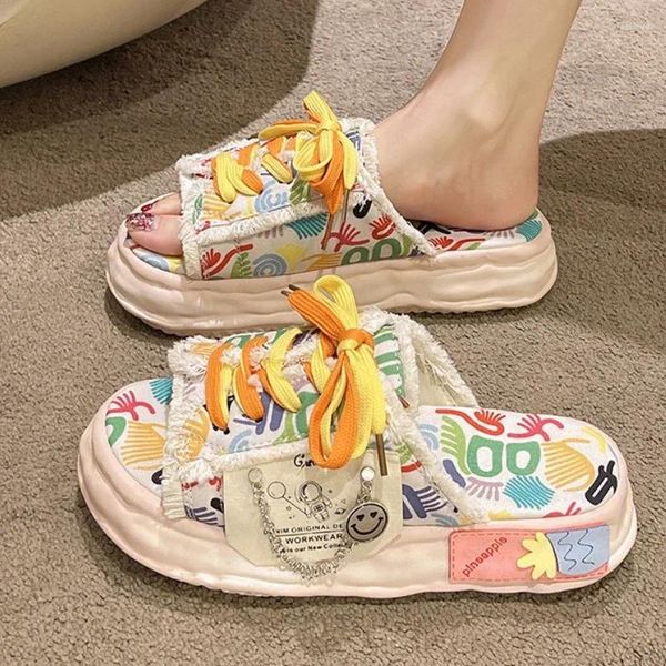Slippers Thick Sole Shoes Sandals Women Fashion Soft Flat Luxuriou Rubber Fabric Graffiti Cross Strap Flip Flops Sandalias