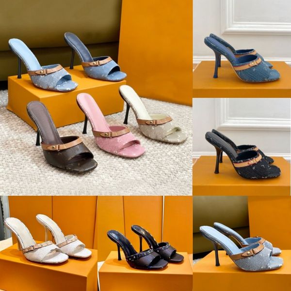 High Heels Designer Sandals Women's Slippers Luxury Mid Heel Neo Revival Mules Ladies denim blue White Black Brown Ebony Slides Leather Women Sandal