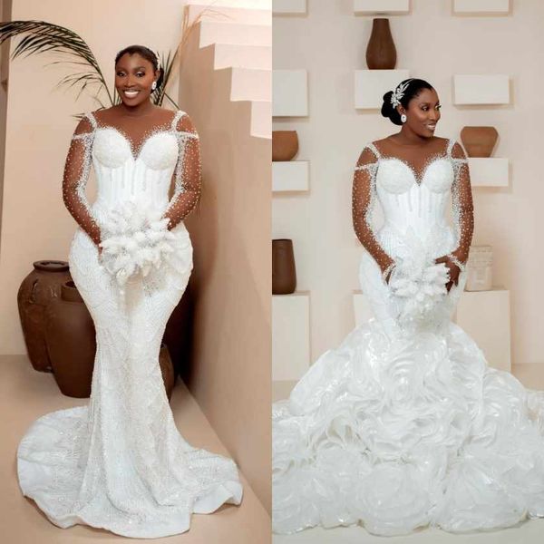 Elegant Wedding Dresses Mermaid O-Neck Beading Long Sleeve Bridal Gowns Customized Vestido de novia
