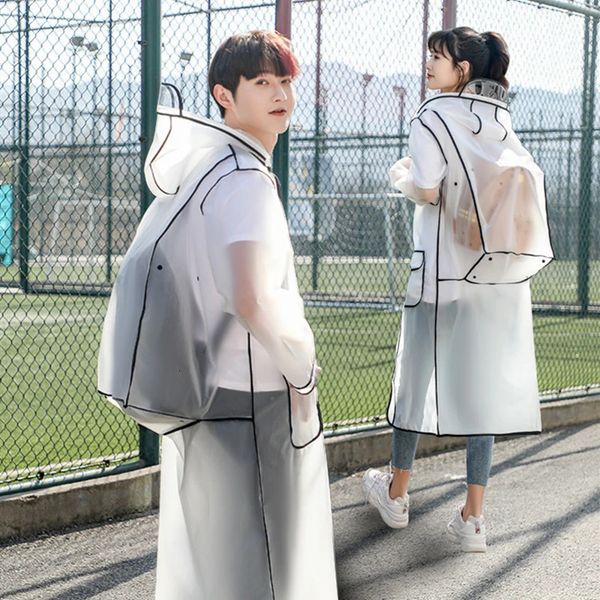 2023 Waterproof Transparent Eva Clear Long Ladies Raincoat Men Fashion Rain Coat Jackets Hooded With Schoolbag space 260429