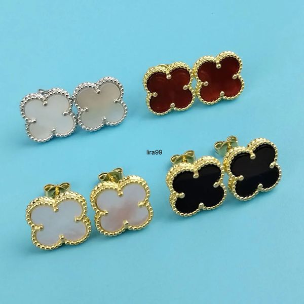 Stud 15mm Designer Clover Studs Earring Vintage Four Leaf Clover Charm Classic Stud Earrings Stainless Steel Gold silver rose Studs Agate for Women wedding Jewelry