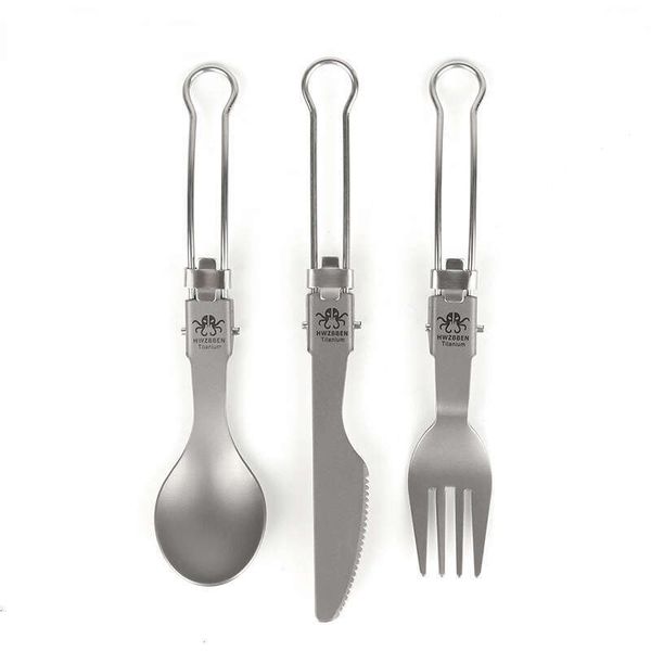 Pure Titanium Folding Three-Piece Fork Spoon Set Lightweight Camping Outdoor Tableware Travel Portable Sharp Fruit Knife Outdoor Equipment