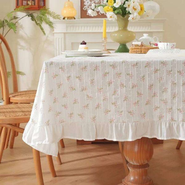 Cotton Printed Pastoral Fresh Cloth Green Plants Flowers Lotus Leaf Edges Coffe Tea Tablecloths INS Table Cover Decoration 26W0202