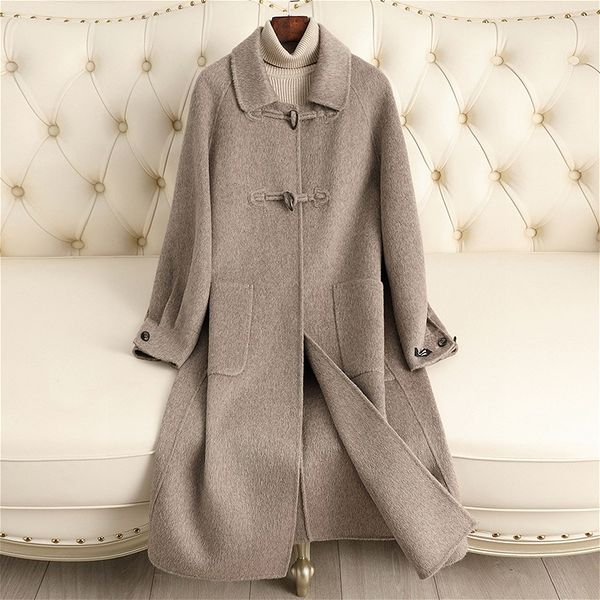 D6605 New autumn and winter double-faced cashmere coat for women, knee-length loose, warm, square-neck, high-grade woolen
