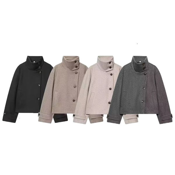 European and American Winter Womens Loose Casual Style Simple Long Sleeve Buckle Stand up Collar Coat 250203