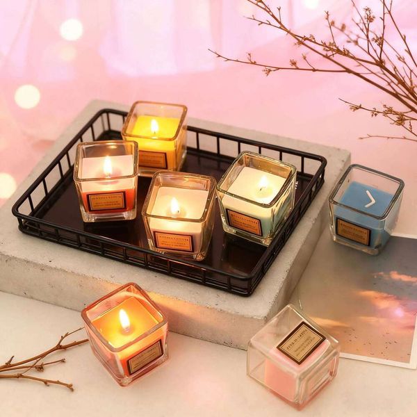 Scented Candle in Square Cup, Creates Cozy Home Ambiance, Relaxing Aromatherapy Gift, Modern Decor for Bedroom, Long Burning Can H260205