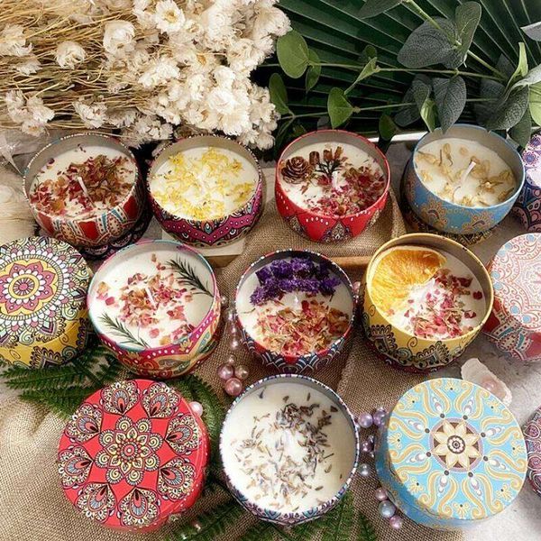 Scented Candles Iron Jar Soy Wax Dried Flower Candle 120g Sleep Soothing Bedroom Bathroom Home Decoration 8 Flavor H260205