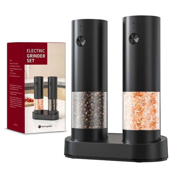 2pcs USB Rechargeable Automatic Adjustable Coarseness Salt And Pepper Mill for Kitchen Spice Grinder With Holder 26L0207