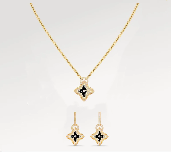 Black Flower Stud Earrings Pendant Necklace 18K Gold