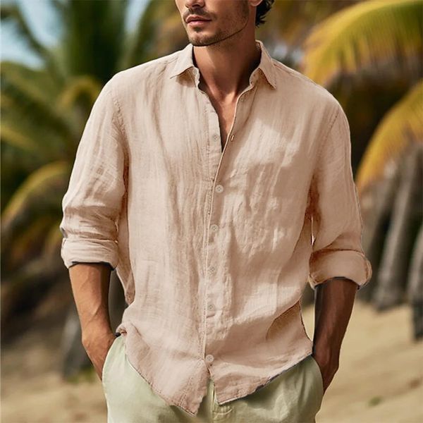 Men's Cotton Linen Shirts Turn Down Collar Solid Hawaiian Shirt Lightweight Breathable White Casual Large Size Streetwear