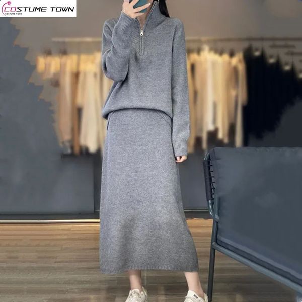 Autumn and Winter Korean Edition Fashion Set Stand up Collar Zipper SweaterSkirt Slimming Two Piece 250203BJ