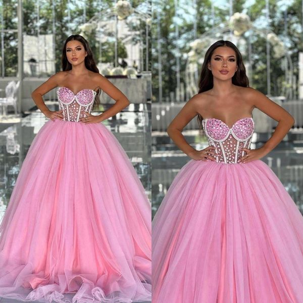 Pink Tulle Evening Dress Sexy Sweetheart Neck Beading A Line Prom Dresses Special Occasion Gowns