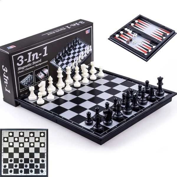3D Puzzle Game Wooden Jigsaw Puzzle Foldable Magnetic Chess 25Cm Checkers Backgammon Game Board 3 In 1 Ideal Tabletop For Family Gathering For Kids