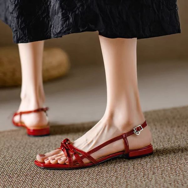 Summer Casual Flats Sandals Retro Simple Open-toed Red Leather Woven Belt Sandal Women Party Shoes Sandalias De Mujer