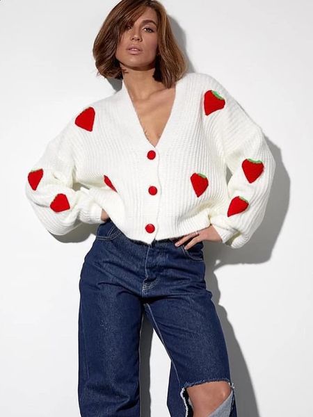 Sweet Strawberry Embroidery Cardigans Women Autumn Winter V Neck Single Breasted Lantern Sleeve Knitted Tops Loose Sweaters