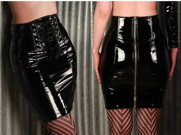 Gothic Black Skirts for Women Latex PVC Leather Pencil Mini Skirt Lace Up Zip Shiny Bodycon Sexy Club Y2k Clothes
