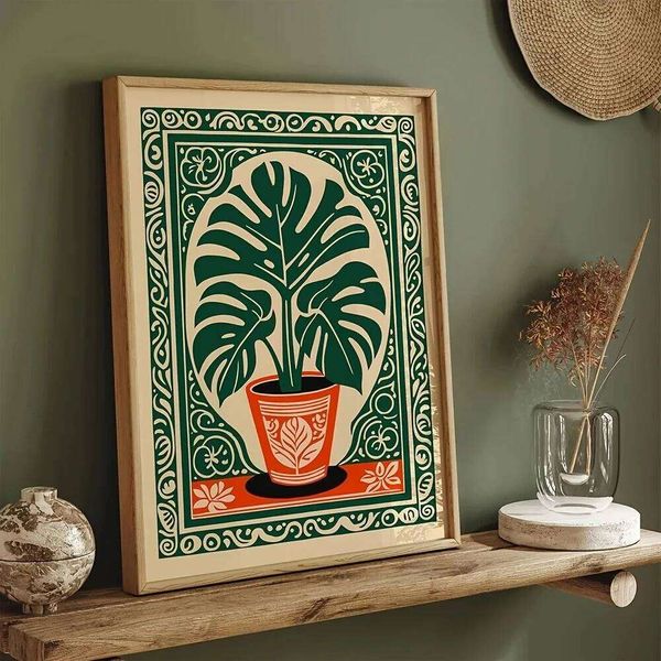 Bohemian Monstera Canvas Print Retro Tropical Plant Green Leaf Wall Art Poster for Modern Living Room Farmhouse Home Decor 26Y0224