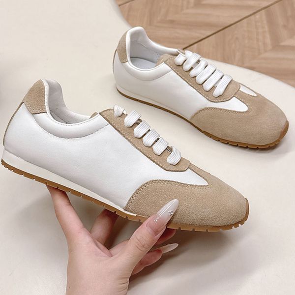 Nappa leather and suede sneakers designer fashion casual shoes luxury women's sneaker wear resistant rubber sole flat sneakers tongue printed with sign sneaker