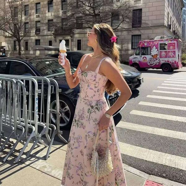 Now Women Eleagnt Floral Print Corset Midi Long Party Dresses Casual Vintage Lace Dress luanyun