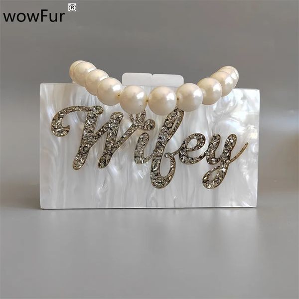 Women Pearl White Silver Glitter Letter Name Wifey Acrylic Evening Clutch Bag Ladies Chain Party Shoulder Purses And Handbag 260203