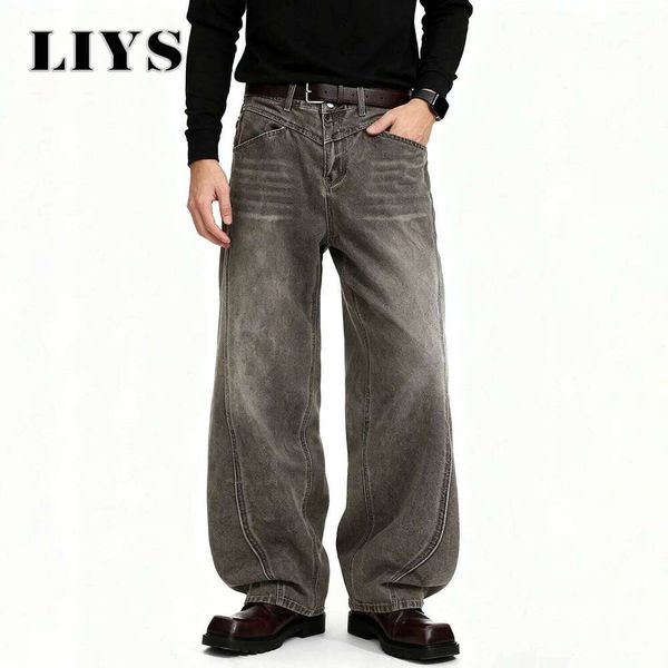 American Retro Grey Men's Baggy Wide Leg Jeans High Street Spliced Deconstruction Design Daily Casual Denim Pants Unisex Clothes Z260227