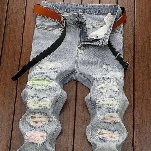 Spring And Autumn New Fashion Trend Sports Ripped Stretch Straight Leg Men's Ca…