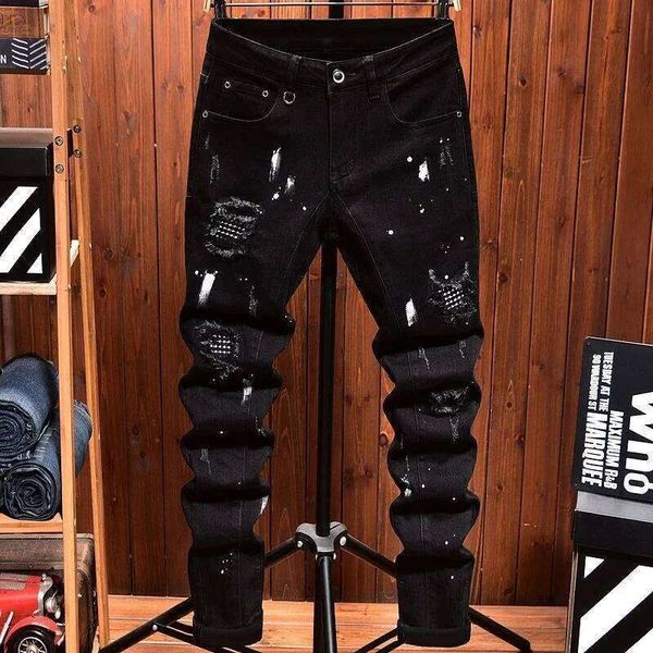 2024 Spring And Autumn New Fashion Trend Retro Ripped Black Stretch Jeans Men's…