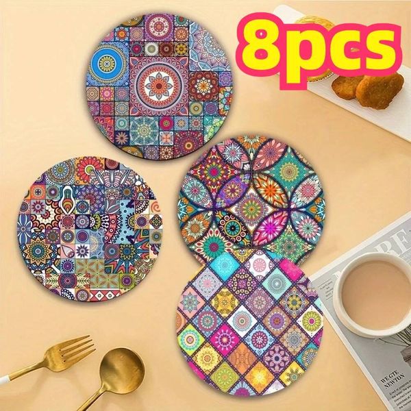 Bestseller 4/8PCS Wooden Mandala Coasters Set Heat-Resistant Non-Slip Table Mats Washable Easy to Clean for Home Office Party Festiva ddmytues