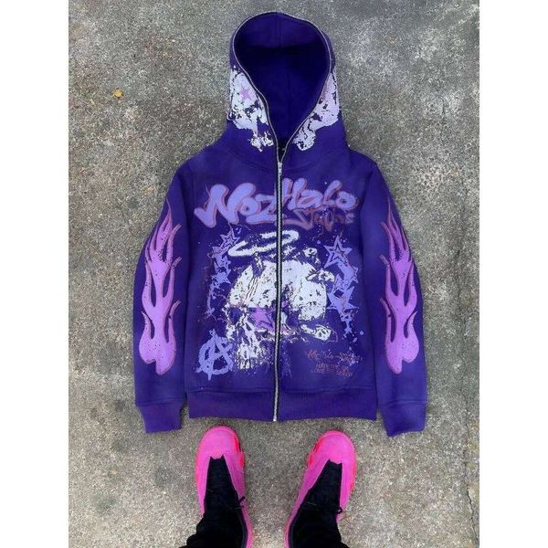 American retro Harajuku dark hip-hop high cartoon print zipper hoodie street trendsetters loose trend Z260226