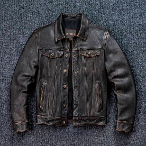 Ddmytues Vintage Genuine Leather Jacket Men's Oil Wax First Layer Cowhide 507 Tooling Slim Locomotive Short Casual Jackets