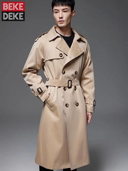 British Style Mens Belt Long Trench Coat Loose Fit Double Breasted Windbreaker Autumn Waterproof Outerwear Overcoat Big Size 6XL 260205