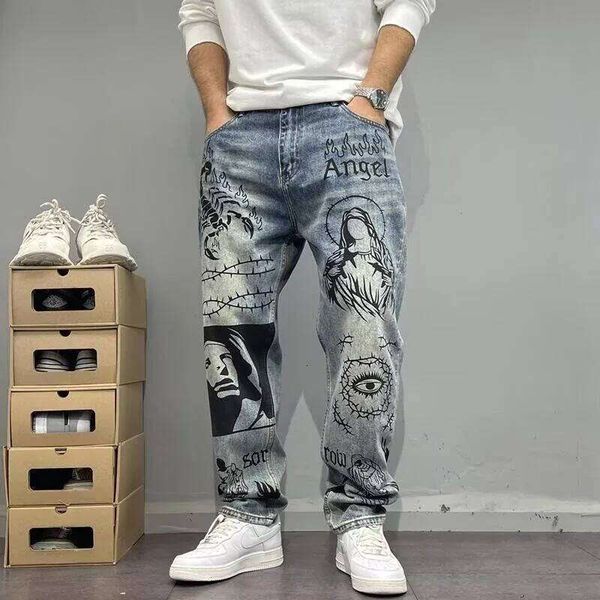 Autumn And Spring New Fashion Trend Printed Straight Leg Sports Denim Men's Loo…