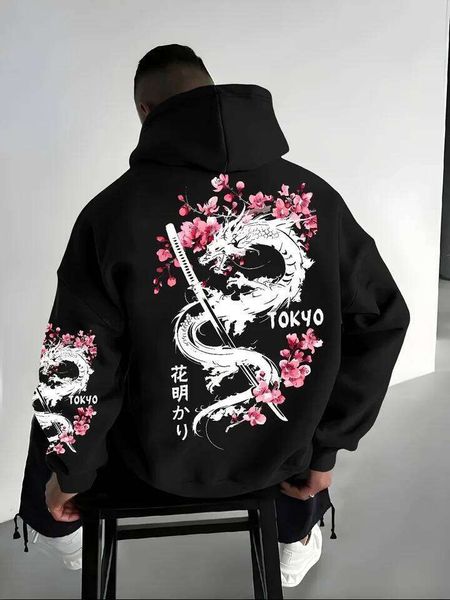 New Men's Anime Dragon Cherry Blossom Printed Hooded Sweatshirt Winter Fleece Warm Casual Street Comfort Inspired Design Hoodie Z260226