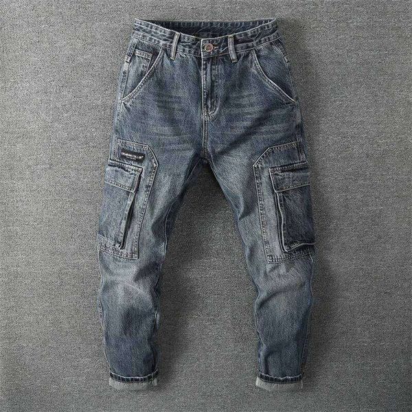 Spring And Autumn New Fashion Trend American Retro Multi-Pocket Jeans Men's Cas…