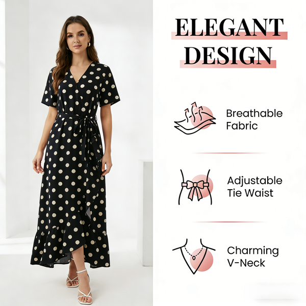Elegant Black Women's Wrap Dress - Polka Dots, V Neckline, Sleeveless