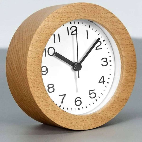 3 Inches Round Wooden with Arabic Numerals Non-Ticking Silent Backlight Battery Operated Wood Table Desk Alarm Clock 26W0228