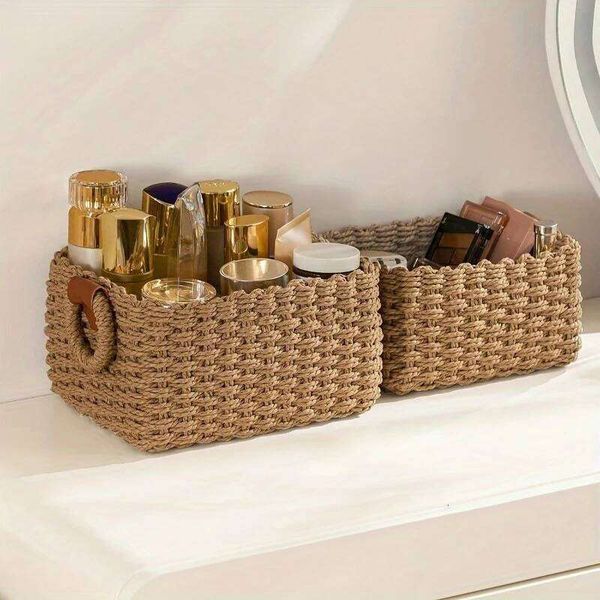3pcs Handmade Woven Paper Rope Basket for Organizing Decorative Gift Containers Bins Office Storage Box 26Y0228