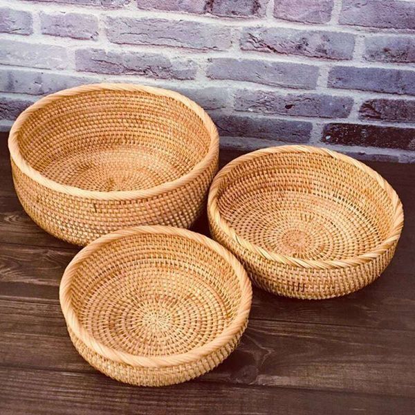 Hand-woven Rattan Wicker Fruit Tea Snack Bread Basket Cosmetic Desktop Storage Box Household Kitchen Supplies 26Y0228