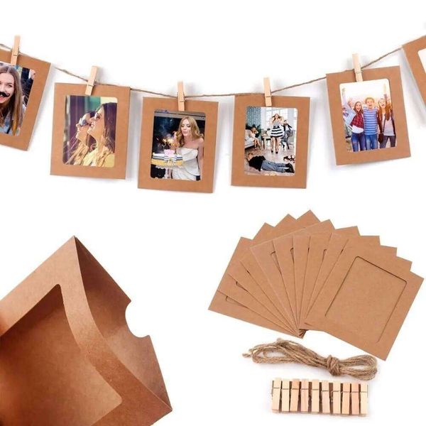10Pcs/Set DIY Craft Paper With Clips Rope Wall Photo Frame Hanging Picture Album Wedding Happy Birthday Home Decor 26Y0228