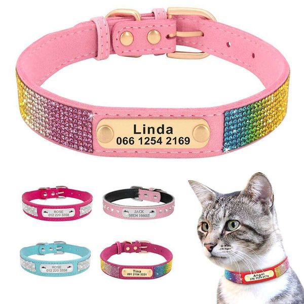 Personalized Cat Collar Bling Rhinestone Small Dog Cats Collars Free Custom Kitten Puppy Nameplate ID Necklace Pet Accessories C260228